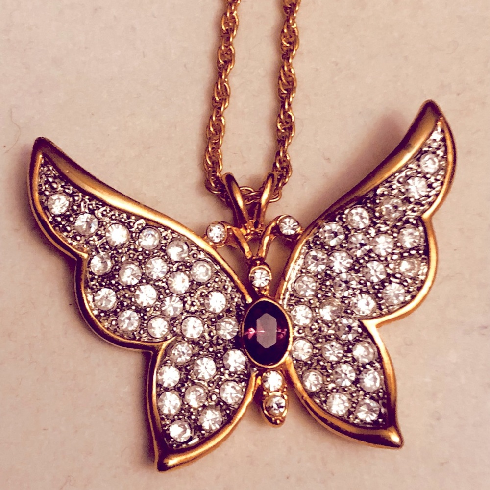 Sweet Rhinestone Garnet Butterfly Necklace